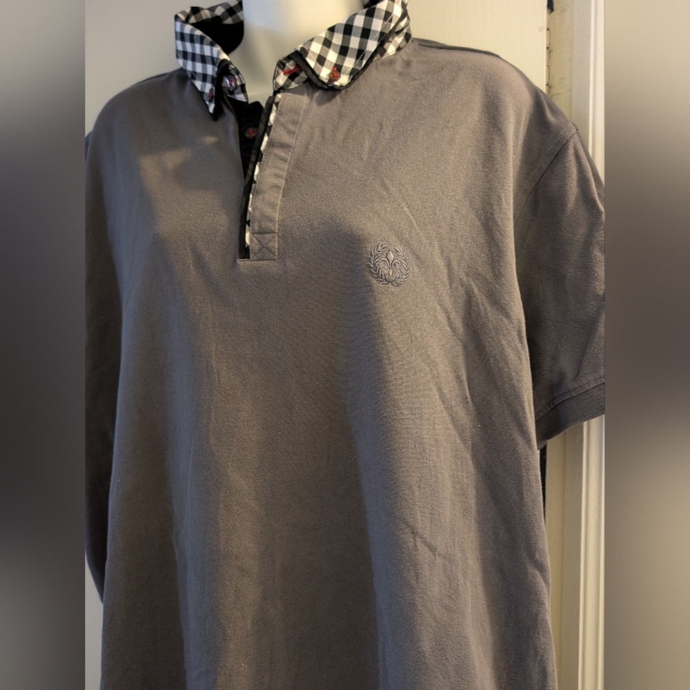 Au Noir Gray Polo Shirt with Checkered Collar. XL. Poly Cotton